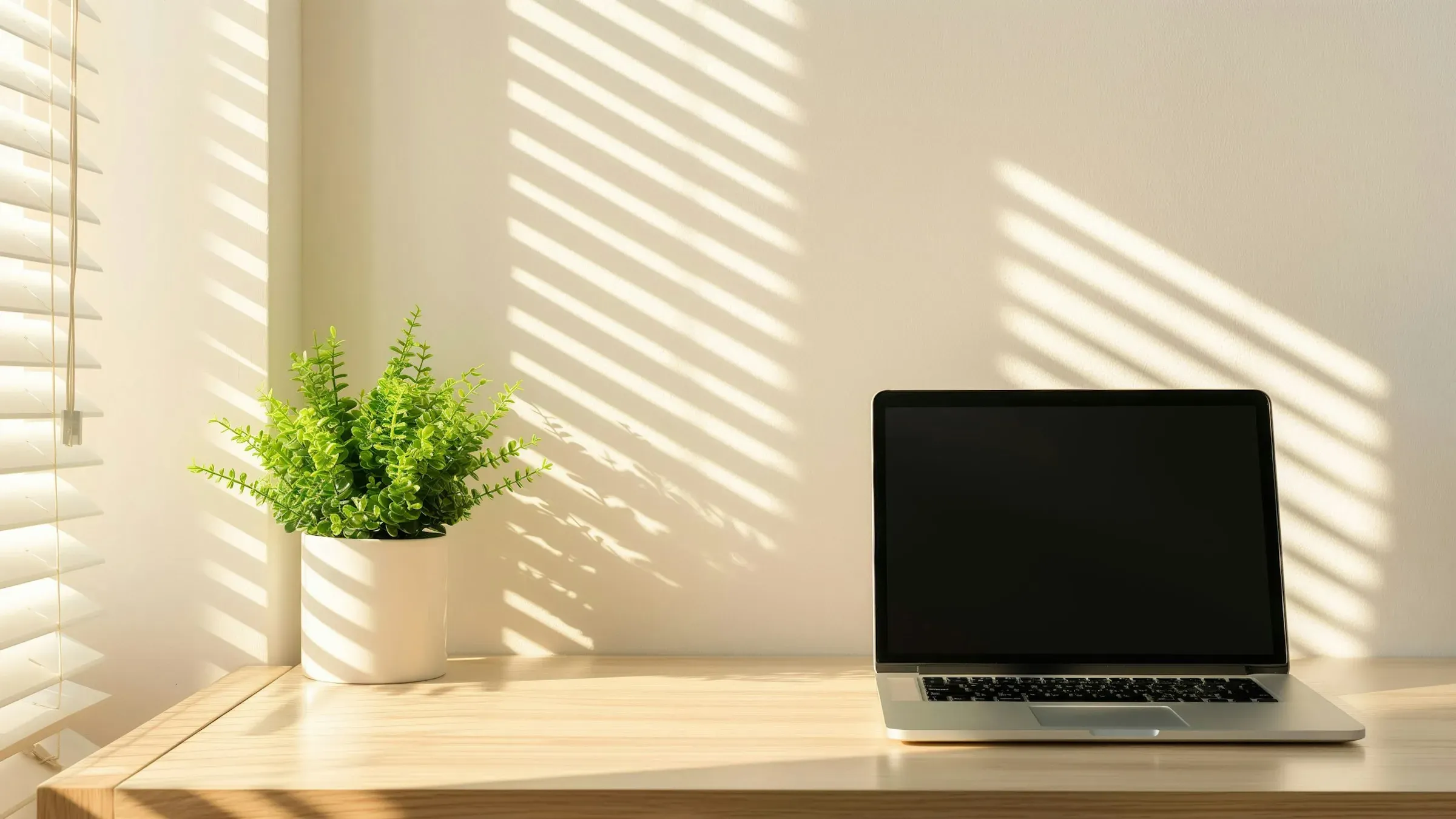 A laptop and a potted plant on a light wooden desk, with sunlight falling through window blinds onto the wall.