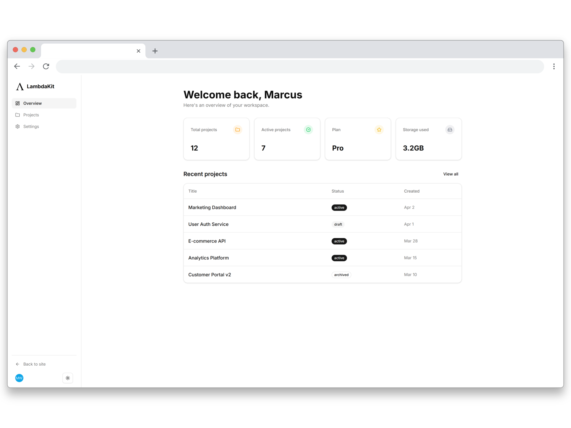 Dashboard de LambdaKit con stats cards, tabla de proyectos y sidebar de navegación