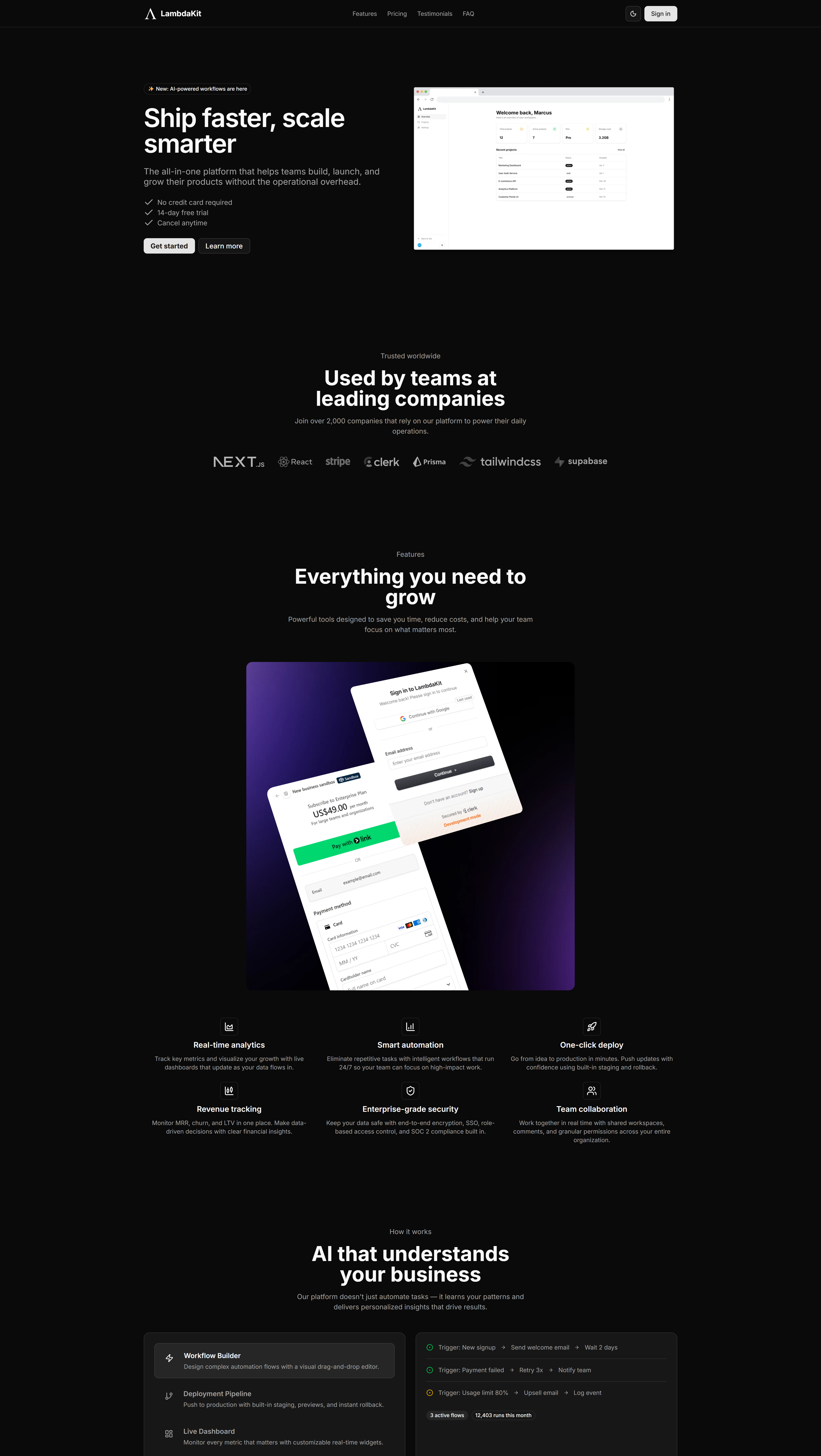 Landing page de LambdaKit mostrando la hero section con browser mockup del dashboard