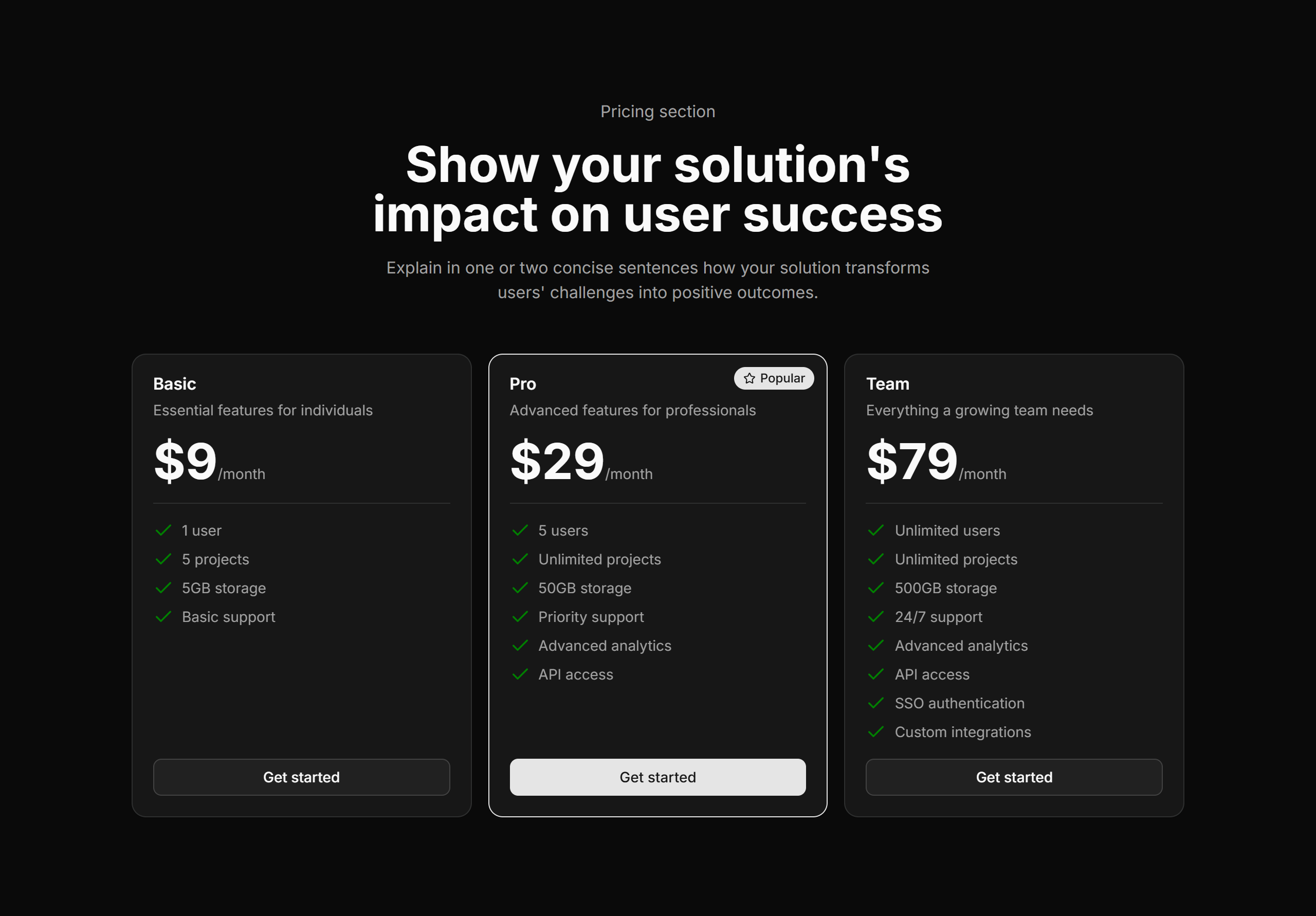 Sección de pricing de LambdaKit con tres planes: Free, Pro y Enterprise